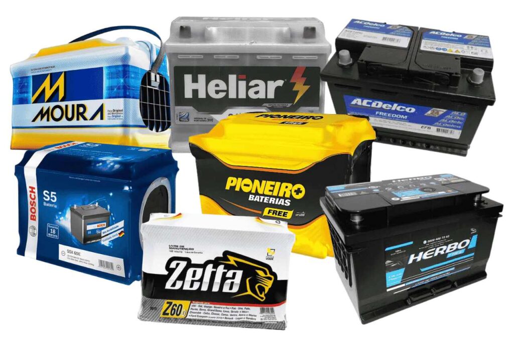 Várias marcas de bateria de carro dispostas lado a lado