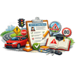 Imagem ilustrativa mostrando testes de habilitação para CNH, com símbolos de trânsito e materiais educativos para motoristas.