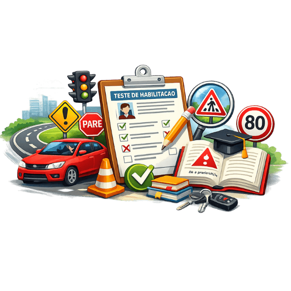 Imagem ilustrativa mostrando testes de habilitação para CNH, com símbolos de trânsito e materiais educativos para motoristas.