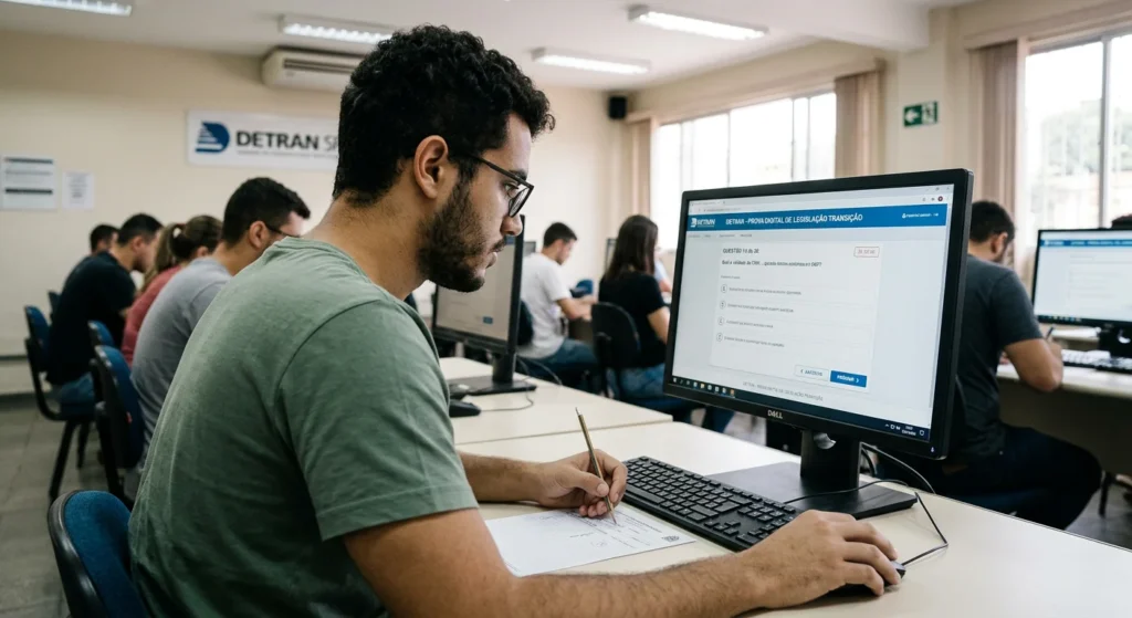 Candidato resolve prova digital Detran. Descubra a quantidade de questões.