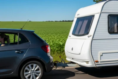 “Motorista dirigindo um carro de passeio com reboque, ilustrando regras da CNH categoria B 2026 no Brasil”