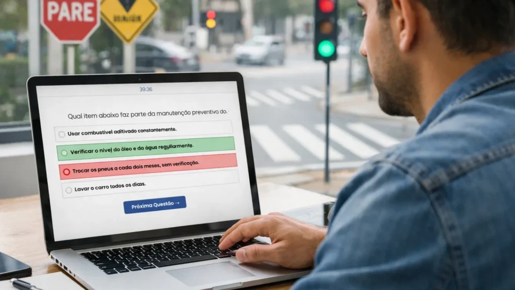 Motorista brasileiro adulto utilizando notebook com simulado do DETRAN na tela, com questão de múltipla escolha em português, ao fundo rua urbana com faixa de pedestres, semáforo e placas de trânsito, em cenário moderno e realista.