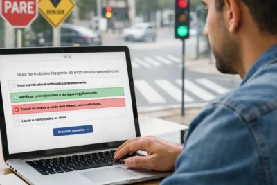 Motorista brasileiro adulto utilizando notebook com simulado do DETRAN na tela, com questão de múltipla escolha em português, ao fundo rua urbana com faixa de pedestres, semáforo e placas de trânsito, em cenário moderno e realista.