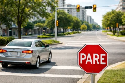 Cruzamento urbano com placa PARE posicionada ao lado da via próxima à linha de parada, carro reduzindo a velocidade para obedecer a sinalização em cenário urbano diurno.