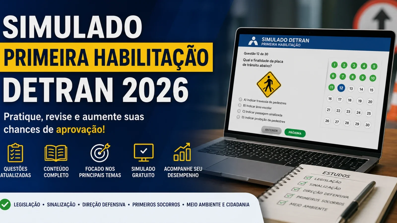 Simulado Primeira Habilitação DETRAN 2026 grátis para estudar para a CNH