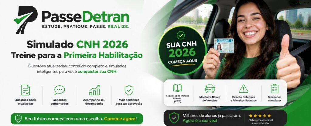Simulado CNH 2026 do PasseDetran para primeira habilitação, com questões atualizadas, gabaritos comentados, acompanhamento de desempenho e conteúdos para a prova teórica do DETRAN.