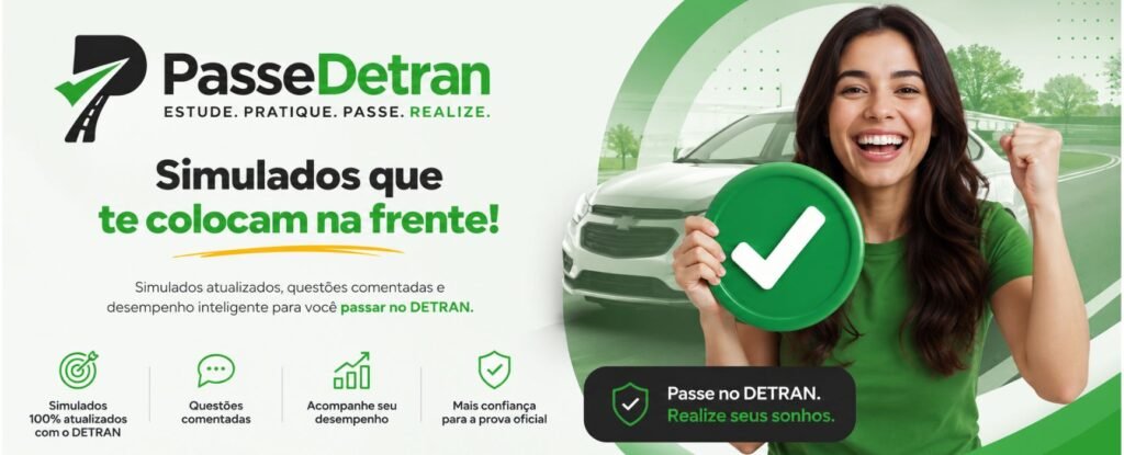 Simulados PasseDetran para prova teórica da CNH com questões atualizadas, desempenho e aprovação no DETRAN