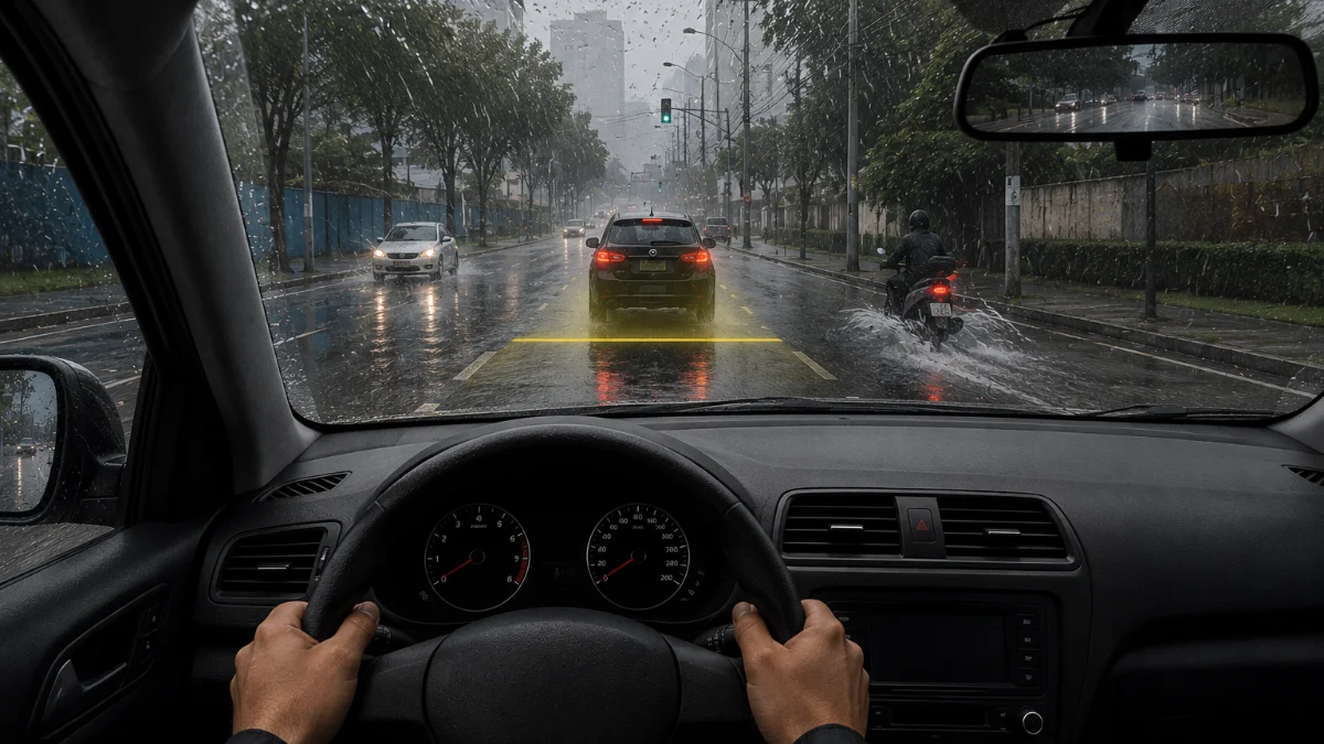 Carro trafegando em uma avenida com chuva intensa, pneus passando por uma lâmina de água e motorista mantendo distância do veículo da frente. Simulando de Situações Reais de Trânsito