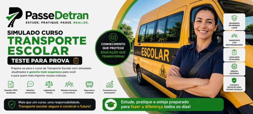 Simulado Curso Transporte Escolar do PasseDetran, com questões atualizadas para teste de prova sobre legislação, segurança, direção defensiva e transporte responsável de estudantes.