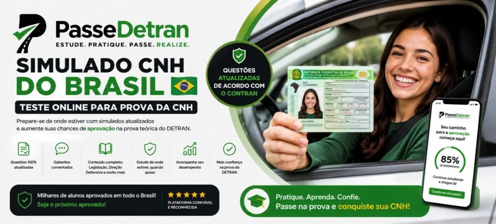 Simulado CNH do Brasil do PasseDetran, teste online com questões atualizadas, gabaritos comentados e preparação para a prova teórica do DETRAN.