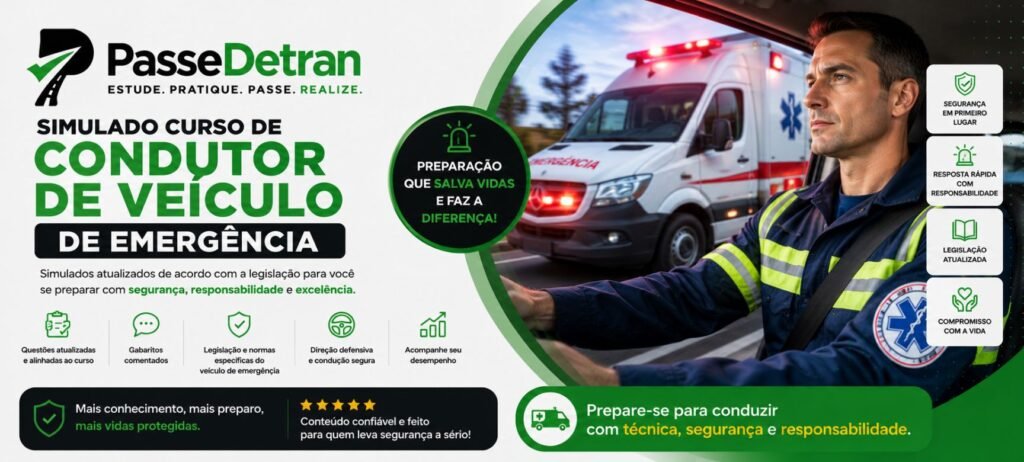 Simulado Curso de Condutor de Veículo de Emergência do PasseDetran, com questões atualizadas sobre legislação, direção defensiva, condução segura e responsabilidade no atendimento de emergências.