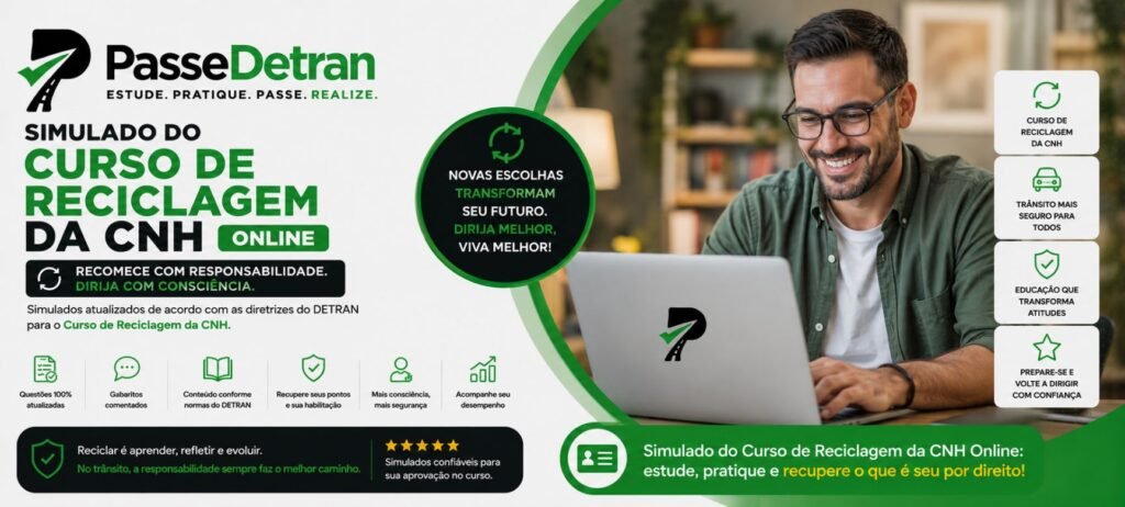 Simulado do Curso de Reciclagem da CNH Online do PasseDetran, com questões atualizadas sobre legislação, direção defensiva, cidadania, segurança e recuperação da habilitação.