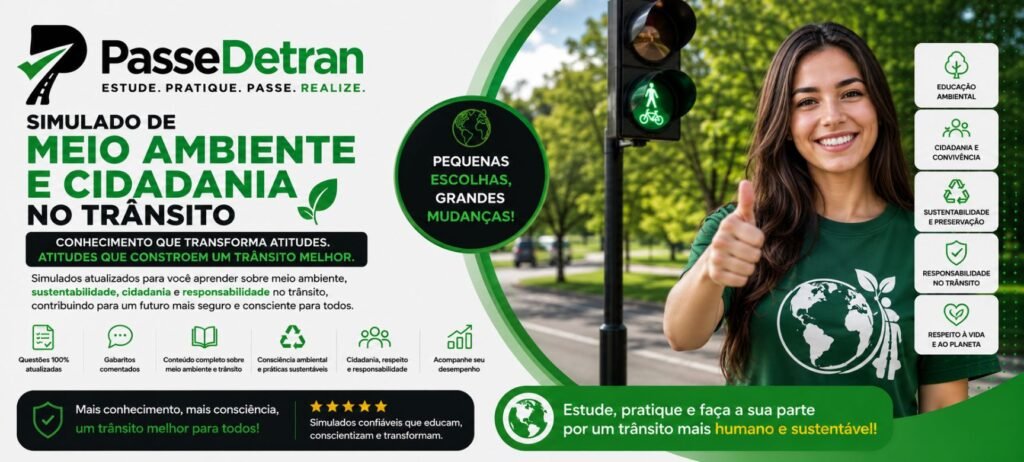 Simulado de Meio Ambiente e Cidadania no Trânsito do PasseDetran, com questões atualizadas sobre sustentabilidade, responsabilidade, convivência e preservação ambiental.