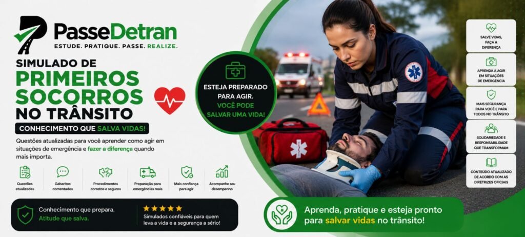 Simulado de Primeiros Socorros no Trânsito do PasseDetran, com questões atualizadas sobre como agir com segurança em emergências, prestar os primeiros cuidados e proteger vidas.