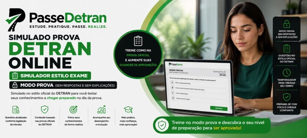 Simulado Prova DETRAN Online do PasseDetran em modo prova, com questões no estilo do exame oficial, temporizador e sem respostas ou explicações durante o teste.
