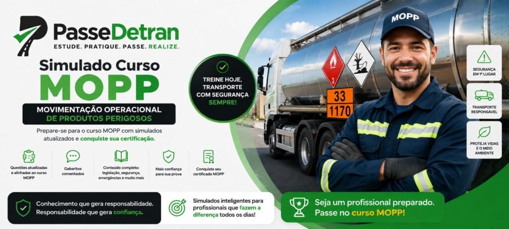 Simulado Curso MOPP do PasseDetran para Movimentação Operacional de Produtos Perigosos, com questões atualizadas sobre segurança, legislação e transporte responsável.