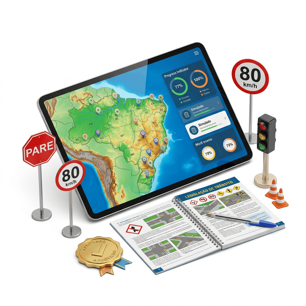 tablet moderno exibindo o mapa do Brasil com pontos de estudo por regiões, acompanhado de caderno de anotações e selo de progresso/aprendizado.